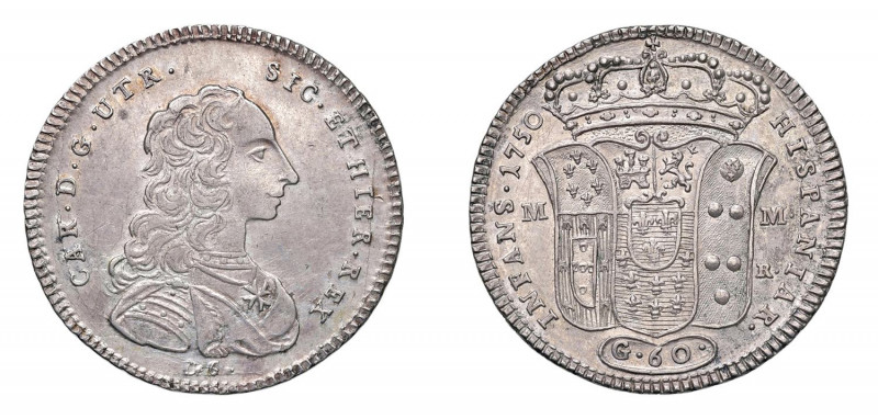 NAPOLI Carlo di Borbone (1734-1759) Mezza Piastra 1750 Ag Gr 12,6. Mir. 340; P.R...