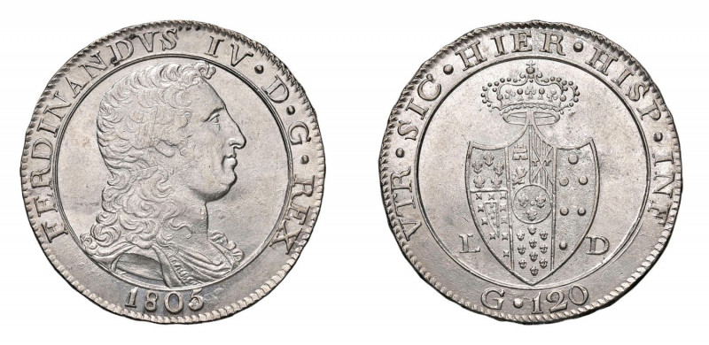 NAPOLI Ferdinando IV di Borbone (1759-1816) Piastra 1805 Ag. Magliocca 392; P.R....