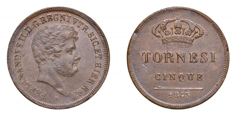 NAPOLI Ferdinando II di Borbone (1830-1859) 5 Tornesi 1843 Ae. Pag.365. Raro. Ri...