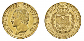 REGNO DI SARDEGNA Carlo Felice (1821-1831) Torino 80 Lire 1825 Au. Pag. 26. mSPL. (Stima €2000-2500).
m.SPL