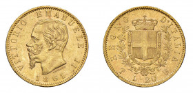 REGNO D’ITALIA Vittorio Emanuele II (1861-1878) Torino 20 Lire 1861 Au. Pag. 455. Rara. SPL. (Stima €500-600).
SPL