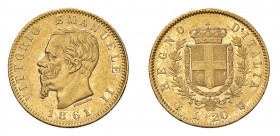 REGNO D’ITALIA Vittorio Emanuele II (1861-1878) Torino 20 Lire 1861 Au. Pag. 455. Rara. Metallo brillante. mSPL. (Stima €600-800).
m.SPL