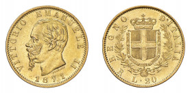 REGNO D’ITALIA Vittorio Emanuele II (1861-1878) Roma 20 Lire 1871 Au. Pag. 466. Rara. mSPL. (Stima €500-600).
m.SPL