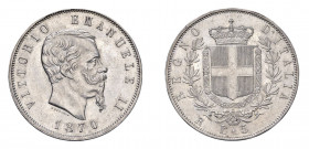 REGNO D’ITALIA Vittorio Emanuele II (1861-1878) Roma 5 Lire 1870 Ag. Pag. 491. Rara. qFDC. (Stima €1000-1500).
q.FDC