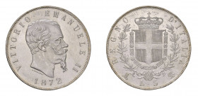 REGNO D’ITALIA Vittorio Emanuele II (1861-1878) Milano 5 Lire 1872 Ag. Pag. 494. qFDC. (Stima €200-300).
q.FDC