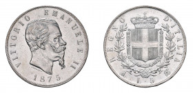 REGNO D’ITALIA Vittorio Emanuele II (1861-1878) Milano 5 Lire 1875 Ag. Pag. 499. Lievi segnetti da contatto. qFDC. (Stima €200-250).
q.FDC