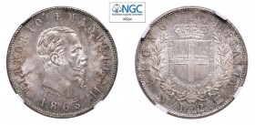 REGNO D’ITALIA Vittorio Emanuele II (1861-1878) Napoli stemma 2 Lire 1863 Ag. Pag. 506. Sigle BN. Conservazione eccezionale per la tipologia. NGC MS64...