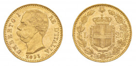 REGNO D’ITALIA Umberto I (1878-1900) Roma 20 Lire 1893 (1 ribattuto) Au. Montenegro 30. Rara. qFDC. (Stima €500-600).
q.FDC