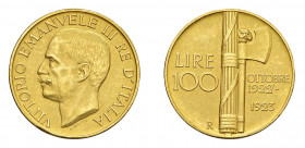 REGNO D’ITALIA Vittorio Emanuele III (1900-1943) Roma 100 Lire Fascio 1923 Au. Pag. 644. mSPL (MATTE). (Stima €2000-2500).
m.SPL
