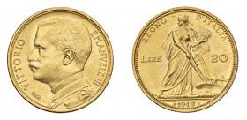 REGNO D’ITALIA Vittorio Emanuele III (1900-1943) Roma 20 Lire 1912 Au. Pag. 667. Rara. qFDC. (Stima €1300-1500).
q.FDC