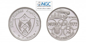 FUJAIRAH Mohammed Bin (1938-1974) 5 Riyals 1970 Ag. KM#3; Schon#7. Munich Olympics. Proof. NGC PF68 ULTRA CAMEO. (Stima €150-200).
NGC PF68 ULTRA CAM...