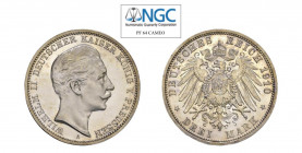 GERMANIA Wilhelm II (1888-1918) Prussia 3 Marchi 1910A Ag. KM#527. Molto Raro. Proof. NGC PF64 CAMEO. (Stima €400-500).
NGC PF64 CAMEO