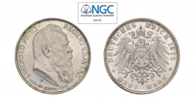 GERMANIA Bavaria 3 Marchi 1911D Ag Zecca Monaco. KM#998. 90° compleanno Principe Luitpold. Raro. FDC. NGC MS62. (Stima €200-300).
NGC MS62