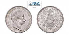 GERMANIA Wilhelm II (1888-1918) Prussia 3 Marchi 1912A Ag. J.131 AKS. Lustro di conio. FDC. NGC MS63. (Stima €200-300).
NGC MS63