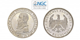 GERMANIA Zecca Stuttgart 5 Marchi 1927F Ag. KM#55. Università di Tubingen. Molto Raro. Proof. NGC PF63 ULTRA CAMEO. (Stima €700-800).
NGC PF63 ULTRA ...