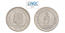 GERMANIA Repubblica di Weimar 5 Marchi 1929A Ag. KM#64. Costituzione. FDC. NGC MS64+. (Stima €500-600).
NGC MS64+