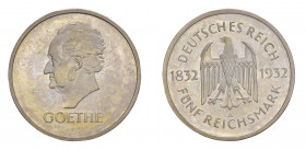 GERMANIA “Goethe” 5 Marchi 1932A Ag. Km#77; J.351. Ex Asta Bolaffi n.30 lotto 2119. Molto Raro. Proof. (Stima €2000-2500).
PROOF