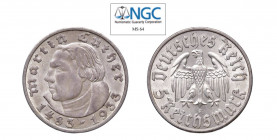 GERMANIA “Martin Luther” 5 Marchi 1933F Ag. J.353. Raro. FDC. NGC MS64. (Stima €200-300).
NGC MS64