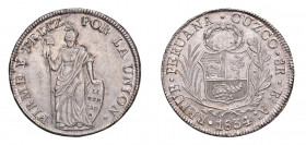 PERU’ 8 Reales 1834 Ag. Cuzco-Boar B-A Cuzco Mint. KM#142.4. Raro. qFDC. (Stima €400-500).
q.FDC