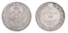 POLONIA Nicola I (1825-1855) San Pietroburgo 10 Zlotich o Mezzo Rublo 1835 Ag. Bitkin 1087; Dav.284. Raro. qSPL. (Stima €300-400).
q.SPL