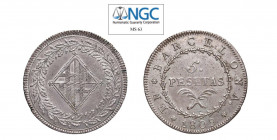 SPAGNA Occupazione francese di Barcellona 5 Pesetas 1809 Ag. Cat. AC 45 CY14697. Rara. FDC. NGC MS63. (Stima €1200-1500).
NGC MS63