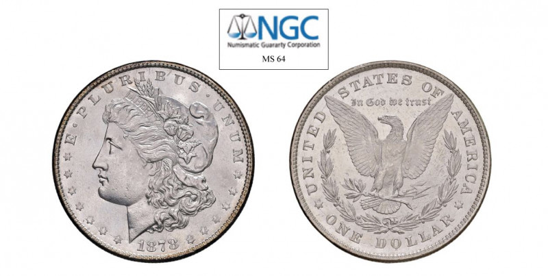USA Morgan (1878-1921) ”8 Piume” Dollaro 1878 Ag. KM#110. Molto raro. FDC. NGC M...