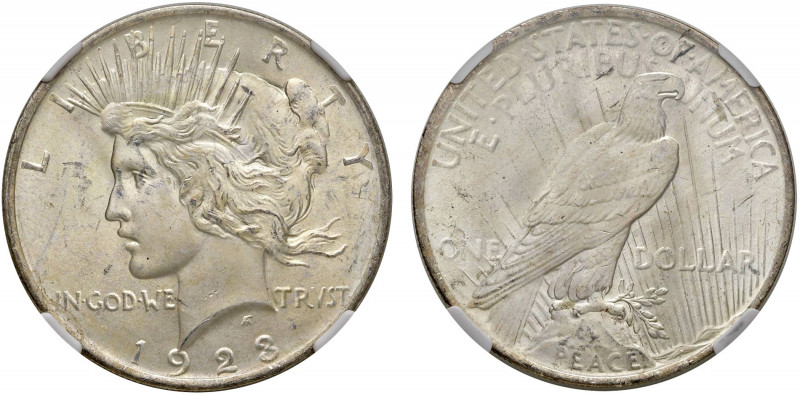 USA (1908-1923) dollar 1923 Ag KM#150. FDC. NGC MS65. (Stima €200-300)
NGC MS65...