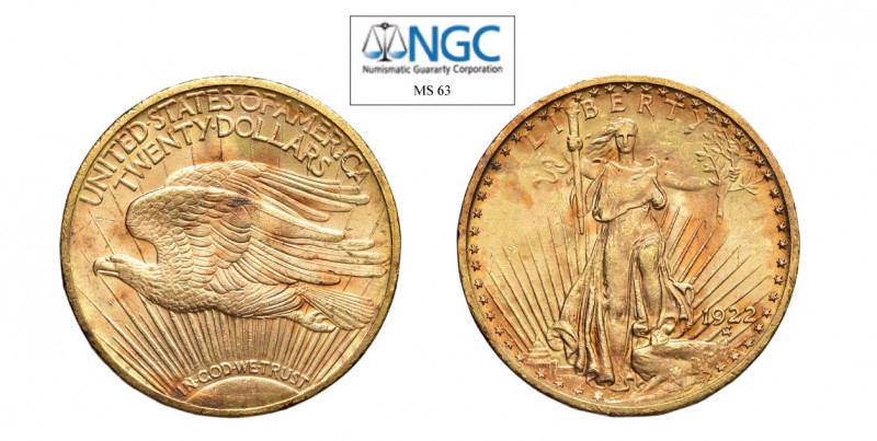 USA (1908-1933) Philadelphia 20 Dollari 1922 Au. Motto 'in God We Trust'. KM#127...