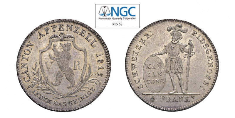 SVIZZERA Cantone Appenzell 4 Franken 1812 Ag. KM#9. Molto raro. FDC. NGC MS62. (...