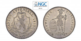 SVIZZERA Cantone Appenzell 4 Franken 1812 Ag. KM#9. Molto raro. FDC. NGC MS62. (Stima €1000-1500).
NGC MS62