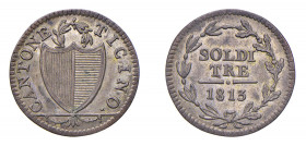 SVIZZERA “Ticino” 3 Soldi 1813 Ag. KM#2. Senza stella. qSPL. (Stima €200-300).
q.SPL