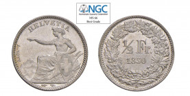 SVIZZERA 1/2 Franco 1850A Ag. KM#8. FDC. NGC MS66 Top grade. (Stima €2000-2500).
NGC MS66 Top grade