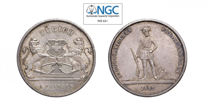 SVIZZERA Tiro federale Zurigo 5 Franchi 1859 Ag. Dav.379; HMZ-2-1343C .Tiratura ...