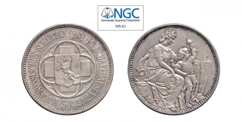 SVIZZERA Berna Shaffhausen Tiro federale 5 Franchi 1865 Ag. KM#X58; HMZ-2-1343F....