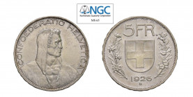 SVIZZERA 5 Franchi 1926B Ag. KM#38. FDC. NGC MS65. (Stima €400-500).
NGC MS65