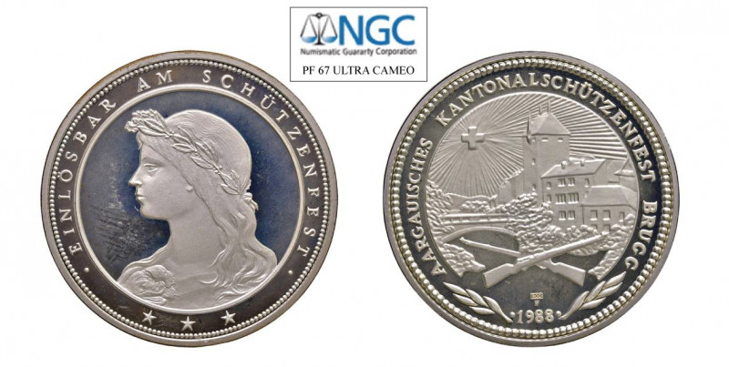 SVIZZERA 50 Franchi 1988 Ag. HMZ 2#1348F. Tiratura 3000 pezzi. Proof. NGC PF67 U...