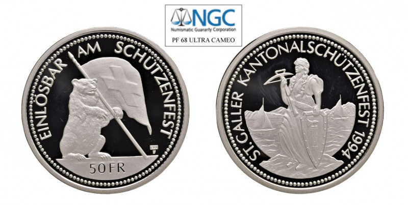 SVIZZERA 50 Franchi 1994 Ag. HMZ 2#1348I. Tiratura 2000 pezzi. Proof. NGC PF68 U...