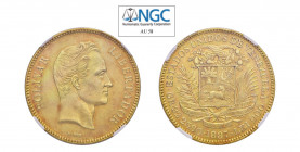VENEZUELA Repubblica 100 Bolivares 1887. Fried.2; KM#Y34. NGC AU58. (Stima €1800-2000).
NGC AU58