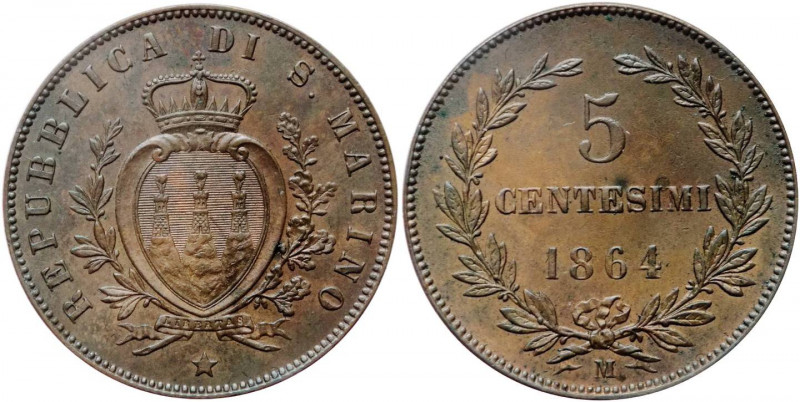 Repubblica di San Marino - 5 centesimi 1864, zecca di Milano, Pag. 377; Mont. 10...