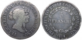 Lucca e Piombino - Elisa Bonaparte e Felice Baciocchi (1805-1814) 5 Franchi del III° tipo con busti medi 1808 - Gig. 5 - R - Ag - colpetti sul bordo -...
