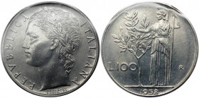 Monetazione in lire - 100 LIRE 1958 D/ REPVBBLICA ITALIANA, testa femminile laureata - R/ Minerva presso albero di alloro - Gig 95 - AC - raro (R) - P...