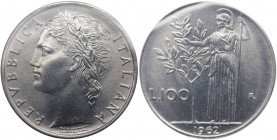Monetazione in lire - 100 LIRE 1962 D/ REPVBBLICA ITALIANA, testa femminile laureata - R/ Minerva presso albero di alloro- Gig 99 - AC - non comune (N...