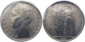 Monetazione in lire - 100 LIRE 1963 D/ REPVBBLICA ITALIANA, testa femminile laureata - R/ Minerva presso albero di alloro - Mont.16 - AC - raro (R) - ...