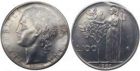 Monetazione in lire - 100 LIRE 1967 D/ REPVBBLICA ITALIANA, testa femminile laureata - R/ Minerva presso albero di alloro - Gig 104 - AC - Perizia Gau...