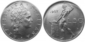 Monetazione in lire - 50 lire 1957 D/ REPVBBLICA ITALIANA, testa coronata - R/ Vulcano all' incudine - Gig 146 - AC - molto raro (RR) - Perizia Gauden...