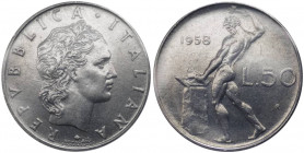 Monetazione in lire - 50 lire 1958 D/ REPVBBLICA ITALIANA, testa coronata - R/ Vulcano all' incudine - Mont. 15 - AC - molto raro (RR) - Perizia Gaude...