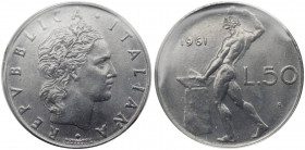 Monetazione in lire - 50 lire 1961 D/ REPVBBLICA ITALIANA,testa coronata - R/ Vulcano all'incudine - Gig150 - AC - molto raro (RR) - Perizia Gaudenzi ...