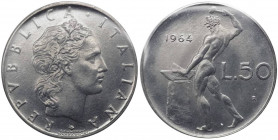 Monetazione in lire - 50 lire 1964 D/ REPVBBLICA ITALIANA, Testa coronata - R/ Vulcano all' incudine - Mont. 30 AC - non comune (NC) - Perizia Gaudenz...
