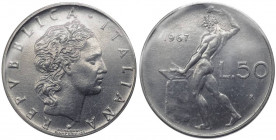 Monetazione in lire - 50 lire 1967 D/ REPVBBLICA ITALIANA, testa coronata - R/ Vulcano all' incudine - Gig 156 - AC - Perizia Gaudenzi 
FDC
Spedizio...