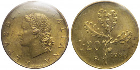 Monetazione in lire - falso coevo da 20 lire 1958 D/ REPVBBLICA ITALIANA, Cerere coronata R/ Ramo di quercia - Gig 193 - BA - raro (R) - Perizia Gaude...